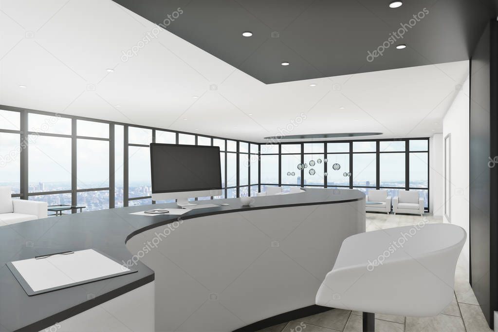 Luxury office lobby interior with reception desk. Entrance concept. 3D Rendering 