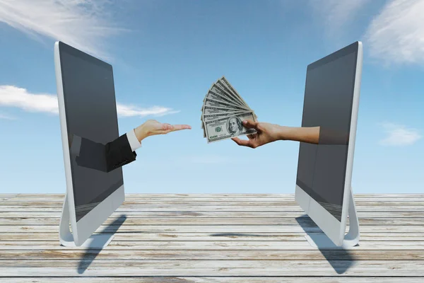 Hände Die Geld Von Laptop Laptop Geben Online Transaktion Und — Stockfoto
