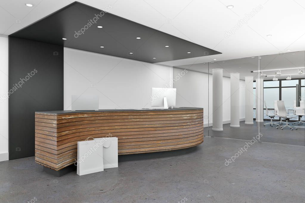 Modern lobby interior with reception desk. Office waiting area concept. 3D Rendering 