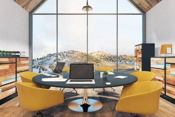Modern conference room interior with wooden furniture and panoramic landscape/sky view. 3D Rendering