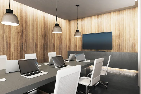 Wooden meeting room with empty device screens. Mock up, 3D Rendering