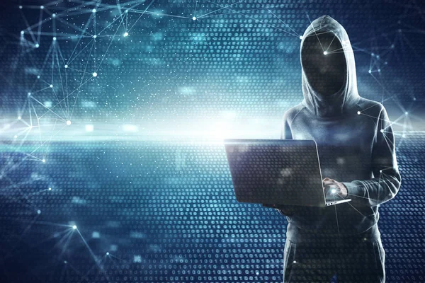 Technologie Und Computerkonzept Hacker Mit Laptop Mit Digitaler Business Schnittstelle — Stockfoto