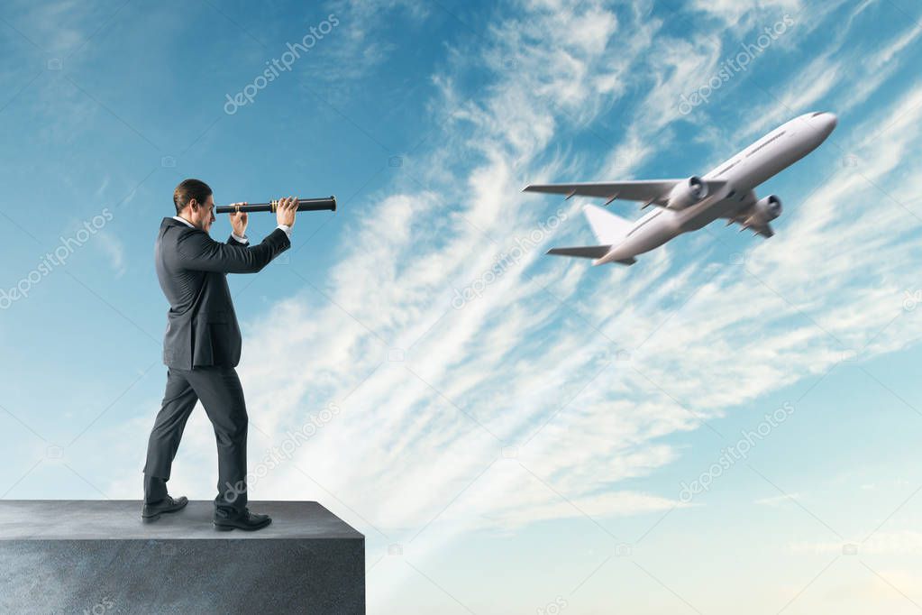 Businessman with telescope looking at flying by airplane. Travel and research concept 