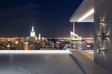Gece New York şehir manzaralı modern çatı ve soyut cam iç görmek. 3D render 