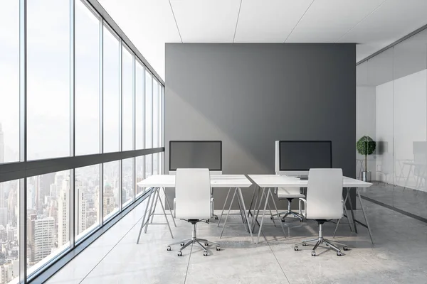 Contemporary Concrete Office Interior Panoramic City View Equipment Daylight Coworking — Stock Photo, Image