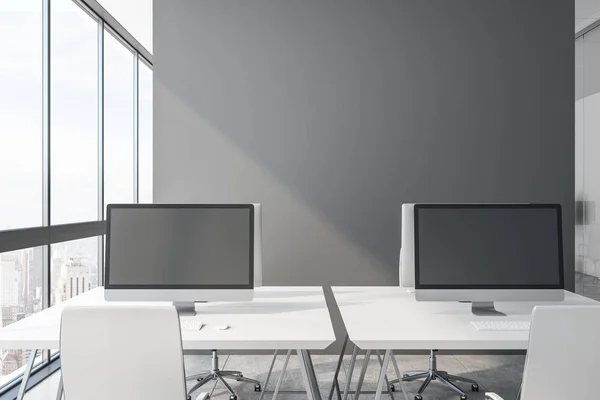 Close Empty Computer Screens Modern Concrete Office Interior City View — Stock Photo, Image