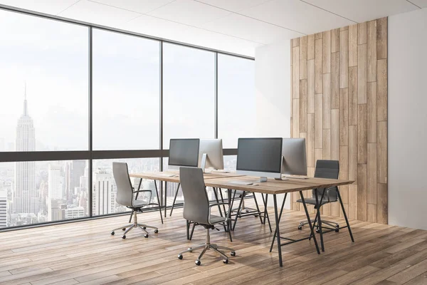Luxury wooden office interior with panoramic city view, equipment and daylight. Coworking workplace concept. 3D Rendering