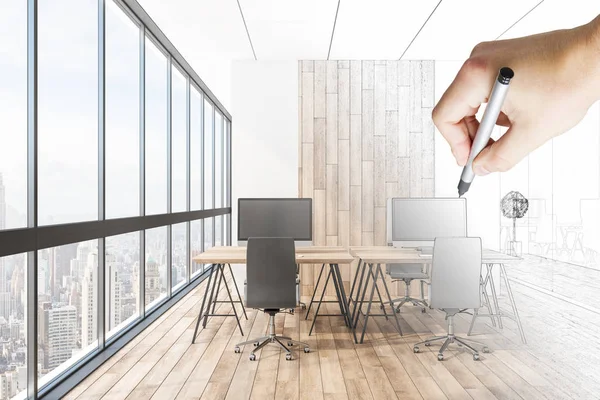 Hand Deawing Modern Office Interior Sketch Panoramic City View Daylight — Stock Photo, Image