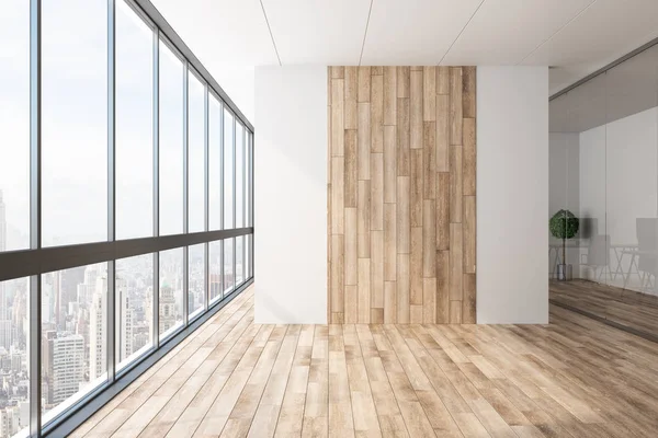 Contemporary Unfurnished Office Interior Empty Wooden Wall Panoramic City View — Stock Photo, Image