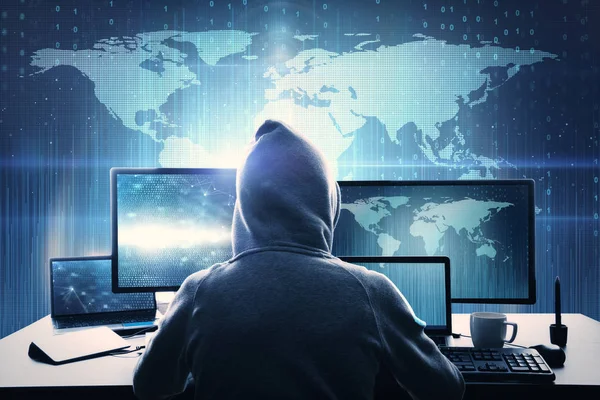 Технологія Концепція Шкідливого Програмного Забезпечення Хакер Використовує Комп Ютер Цифровим — стокове фото
