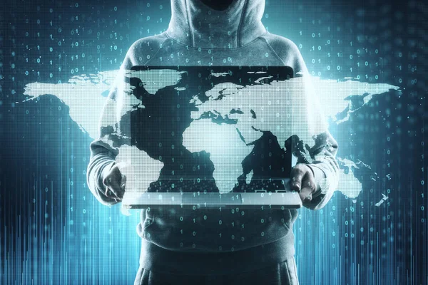 Abstraktes Bild Eines Hackers Mit Laptop Und Karte Globales Hacking — Stockfoto
