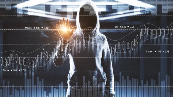 Hacker with forex chart on blurry office background. Hacking and information concept. Double exposure