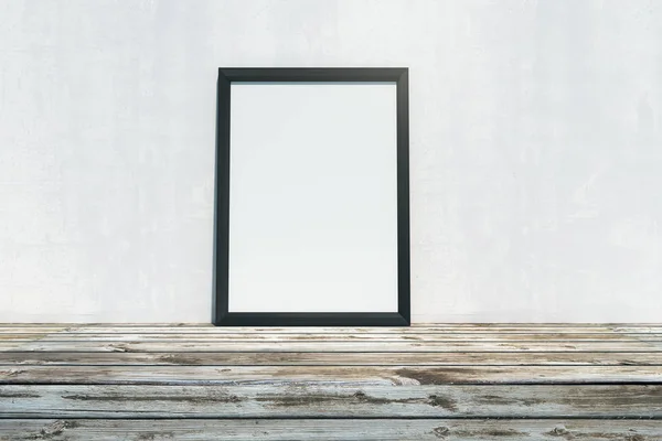 Wooden desktop with empty picture frame on concrete wall background. Mock up, 3D Rendering