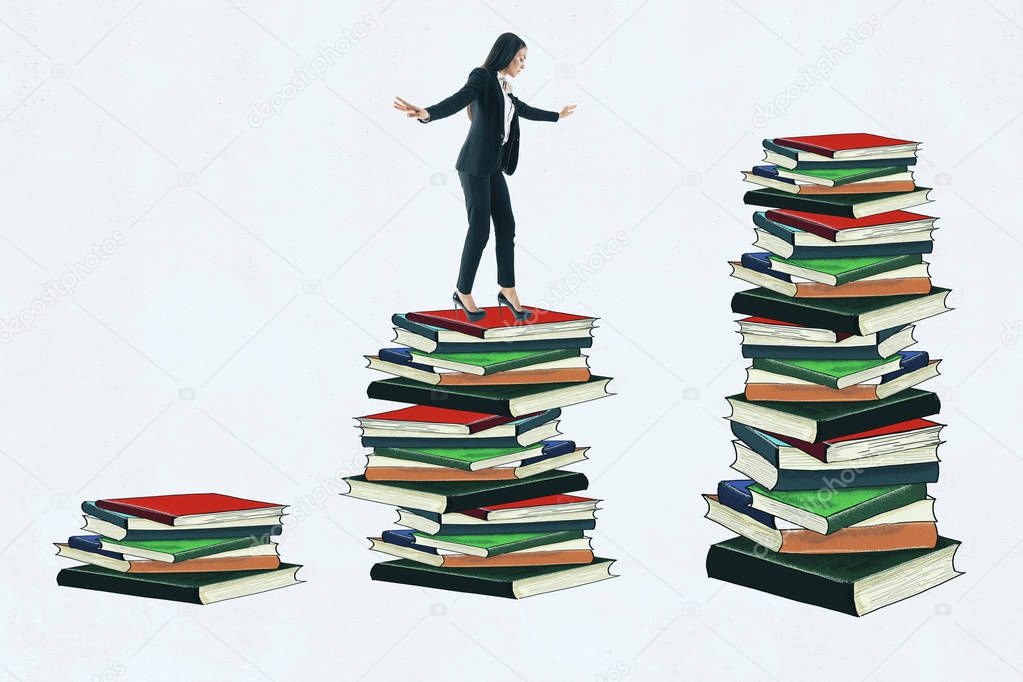 Businesswoman balancing on drawn book stacks. White background. Education and knowledge concept