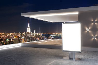 Boş beyaz reklam ile gece New York şehir manzaralı güzel bir çatı üzerinde durabilen. Alay etmek yukarıya, 3d render 