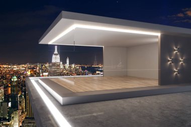 Gece New York şehir manzaralı lüks çatı ve soyut cam iç görmek. 3D render 