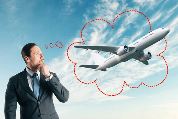 Attraktive Junge Europäische Geschäftsmann Denken Über Flugzeug Auf Blauem Himmel — Stockfoto