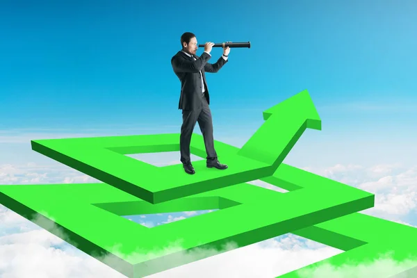 Businessman on abstract green arrow maze using binoculars to look into the distance on sky background. Growth and research concept. 3D Rendering