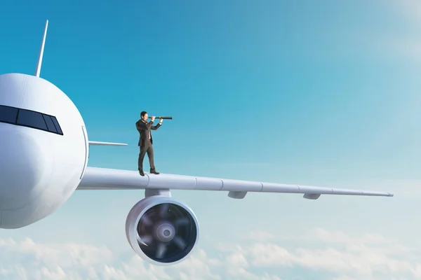 Homme Affaires Regardant Avion Avec Télescope Concept Recherche Transport Rendu — Photo