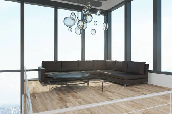 パノラマ ウィンドウ ビュー 家具夏時間と広々 とした 階建てのオフィスのインテリア レンダリング — ストック写真