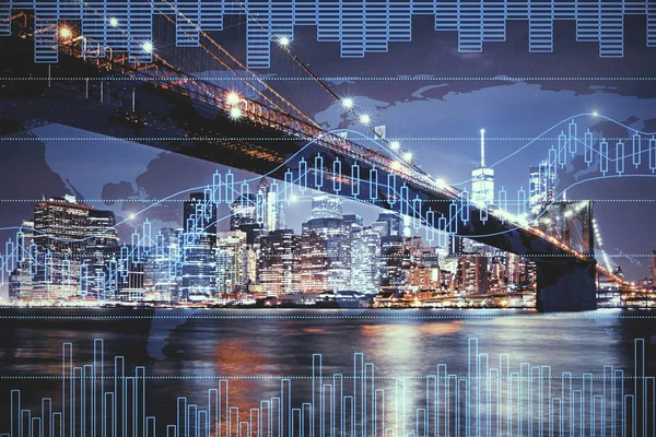 Nacht Stad Achtergrond Met Digitale Forex Grafiek Handel Makelaar Concept — Stockfoto