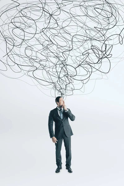 Thoughtful Young Businessman Scribble Standing White Background Confusion Solution Concept — Stock Photo, Image