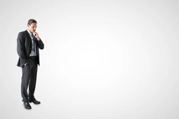 Thoughtful Young Businessman Empty White Background Copy Space — Stock Photo, Image