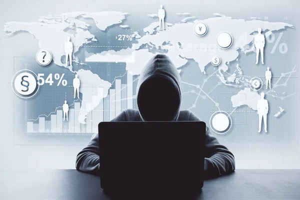 Unerkennbarer Hacker Der Computer Mit Digitaler Business Schnittstelle Benutzt Hacking — Stockfoto