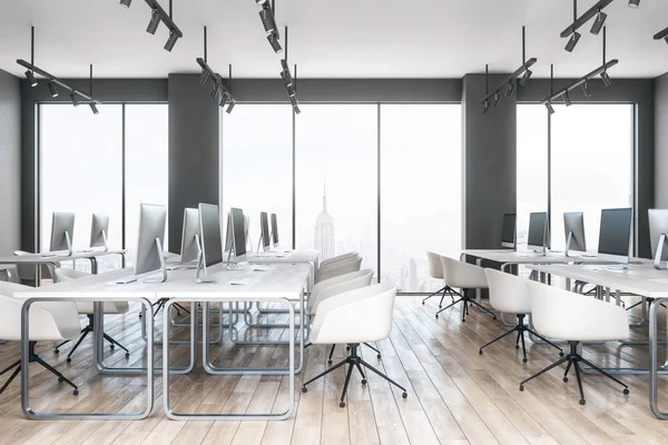 Helles Coworking Bürointerieur Mit Möbeln Und New Yorker Stadtblick Darstellung — Stockfoto