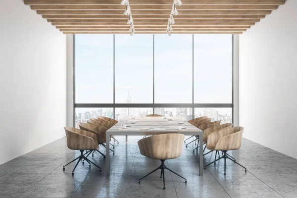 Modern meeting room interior with city view and copy space on wall. 3D Rendering