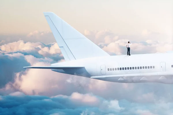 Jovem Empresário Olhando Para Distância Enquanto Estava Avião Branco Céu — Fotografia de Stock