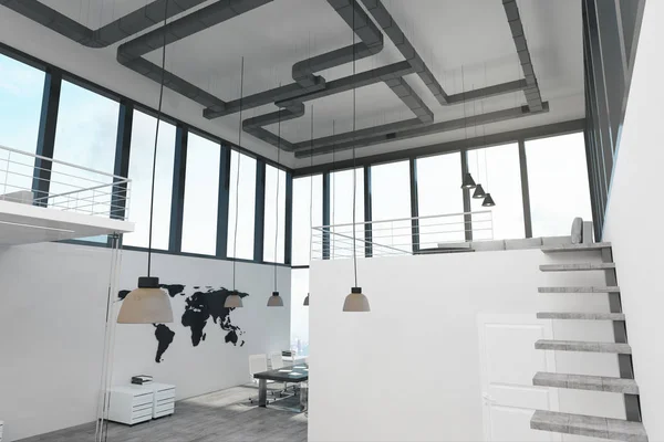 Brilhante Espaçoso Dois Andares Concreto Branco Escritório Interior Com Vista — Fotografia de Stock