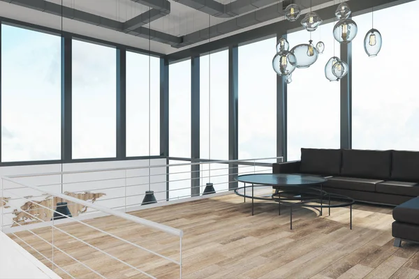 Menampilkan Dua Interior Kantor Cerita Dengan Pemandangan Jendela Panorama Furnitur — Stok Foto