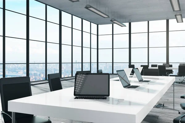 Empty Notebook Modern Coworking Office City View Sunlight Mock Rendering — Stock Photo, Image