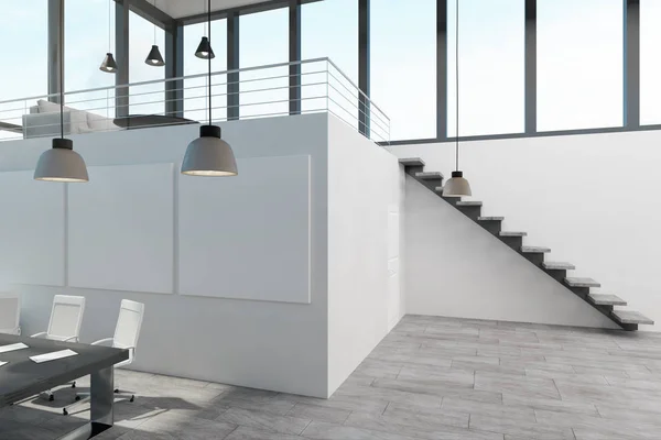 Nieuwe Ruime Twee Verdiepingen Concrete Witte Kantoor Interieur Met Panoramisch — Stockfoto