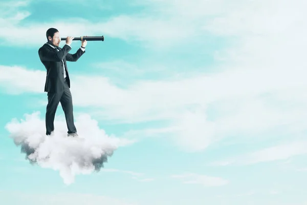 Side View Young Businessman Cloud Using Telescope Look Distance Bright — Stock Photo, Image