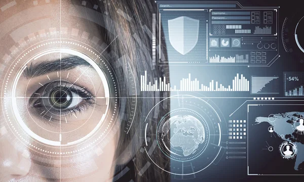 Közelkép Arcát Digitális Üzleti Felülettel Biometrikus Jövőbeni Koncepció Dupla Expozíció — Stock Fotó