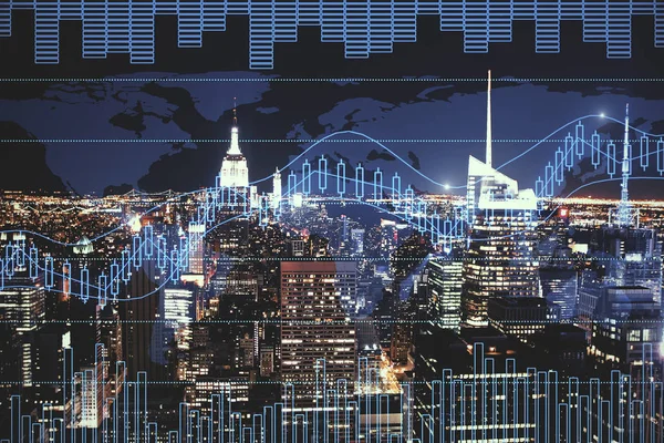デジタル外国為替チャートと夜の街の背景 貿易と将来のコンセプト 二重露光 — ストック写真