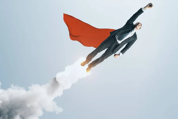 Launching Businessman Hero Sky Background Confidence Start Concept — Stock Photo, Image