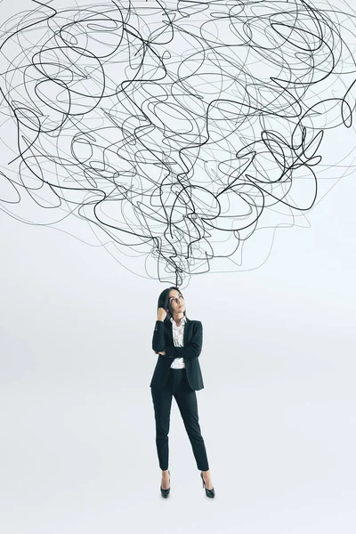 Thoughtful Young Businesswoman Scribble Standing White Background Confusion Solution Concept — Stock Photo, Image
