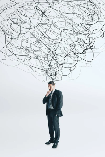 Thoughtful Young Businessman Scribble Standing White Background Confusion Doubt Concept — Stock Photo, Image