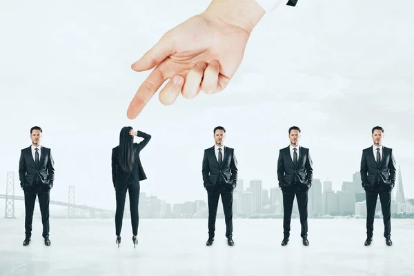 Hand Pointing Businesswoman Out Businessmen Row Abstract City Background Talent — Stock Photo, Image