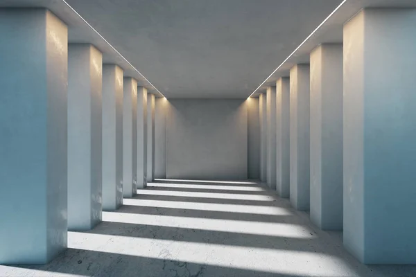 Contemporary concrete interior with columns and sunlight. 3D Rendering