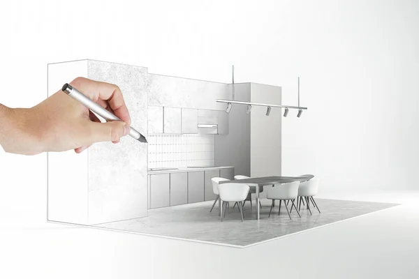 Architecte Dessin Main Abstrait Intérieur Cuisine Moderne Sur Fond Blanc — Photo