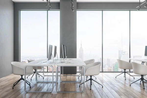 Sauberes Coworking Bürointerieur Mit Möbeln Und New Yorker Stadtblick Darstellung — Stockfoto