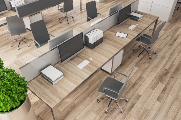 Top view of modern office interior with furniture, equipment and wooden floor. 3D Rendering