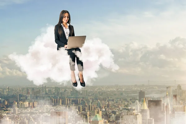 Attractive Young European Businesswoman Using Laptop While Sitting Cloud Sky — Stock Photo, Image