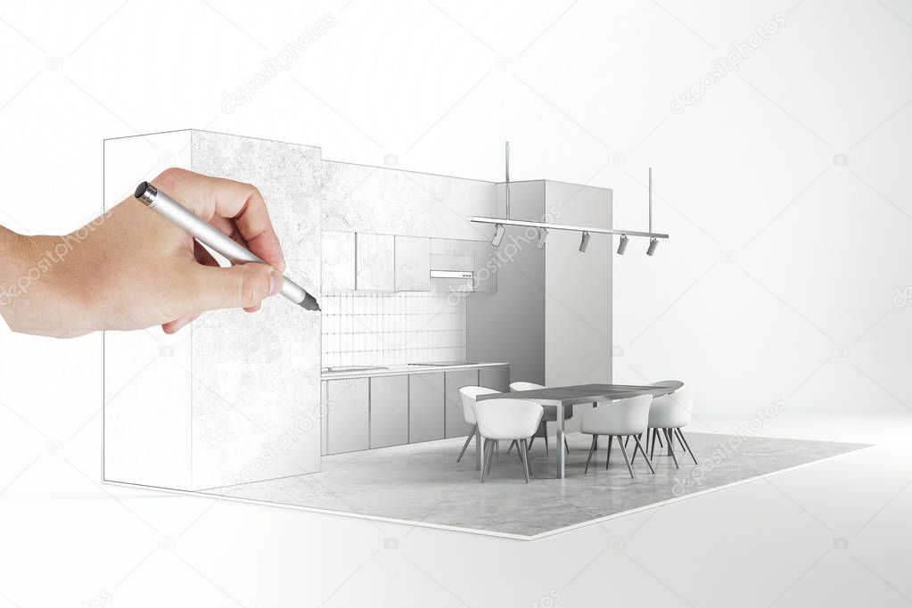 Architect hand drawing abstract modern kitchen interior on white background. Engineering and blueprint concept.