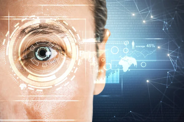 Young Businesswoman Face Access Interface Biometrics Futuristic Concept Double Exposure — Stock Photo, Image