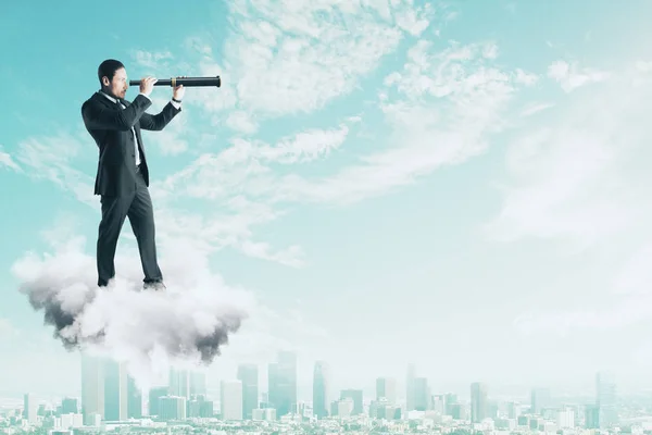Side View Young Businessman Cloud Using Telescope Look Distance Bright — Stock Photo, Image